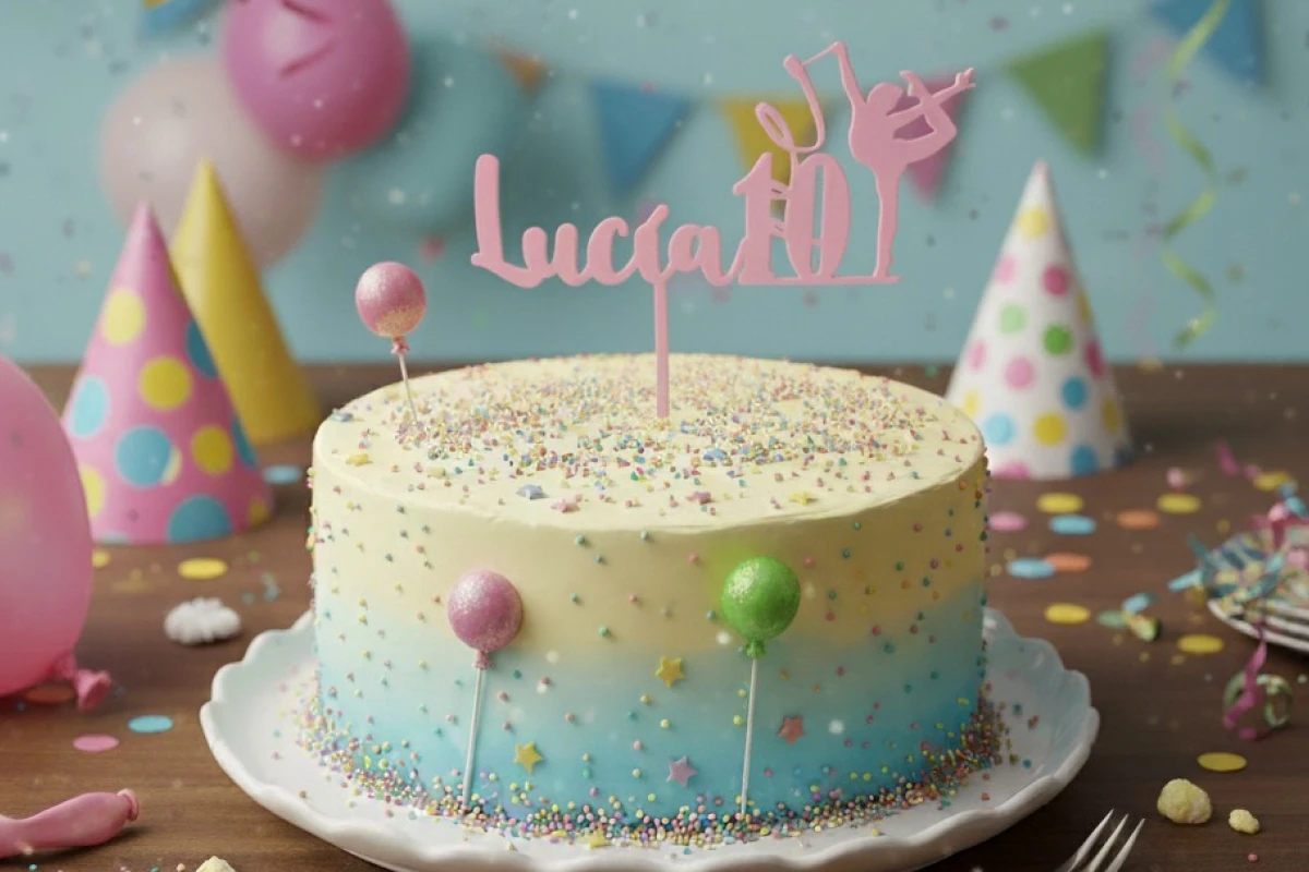 Tarta de cumpleaños con caketopper personalizado y decoración colorida para fiestas infantiles.