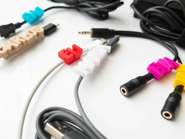Colección de clips organizadores de cables personalizados en diferentes colores, vista en perspectiva.