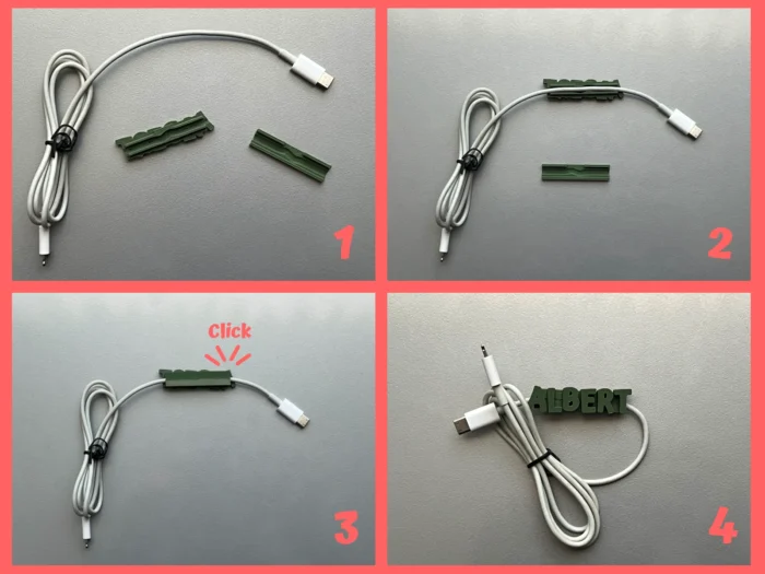 Clip organizador de cables personalizado colocado en un cable de cargador para mantenerlo identificado y ordenado.