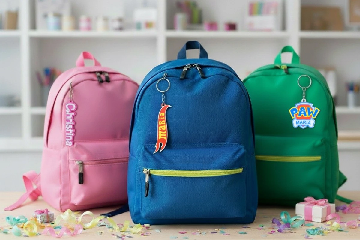 Mochilas infantiles con llaveros personalizados con nombres y diseños temáticos, regalos originales para niños.