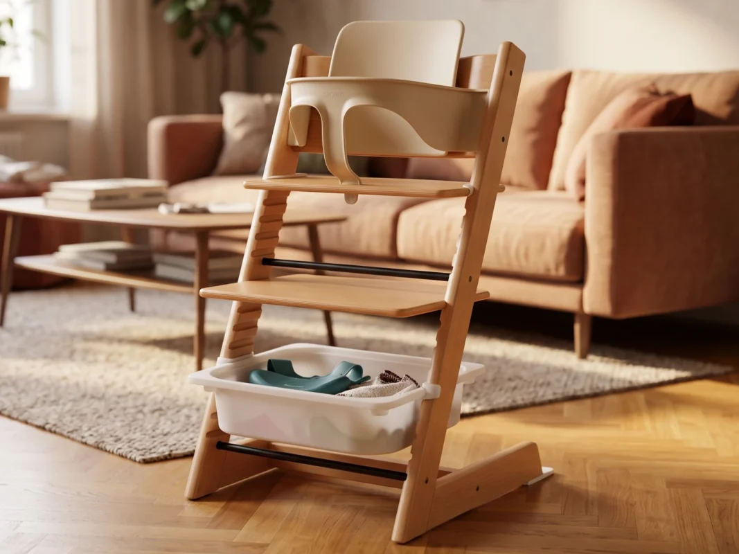 Trona Stokke Tripp Trapp con cajón Ikea Trofast instalado y adaptador visible en la cocina